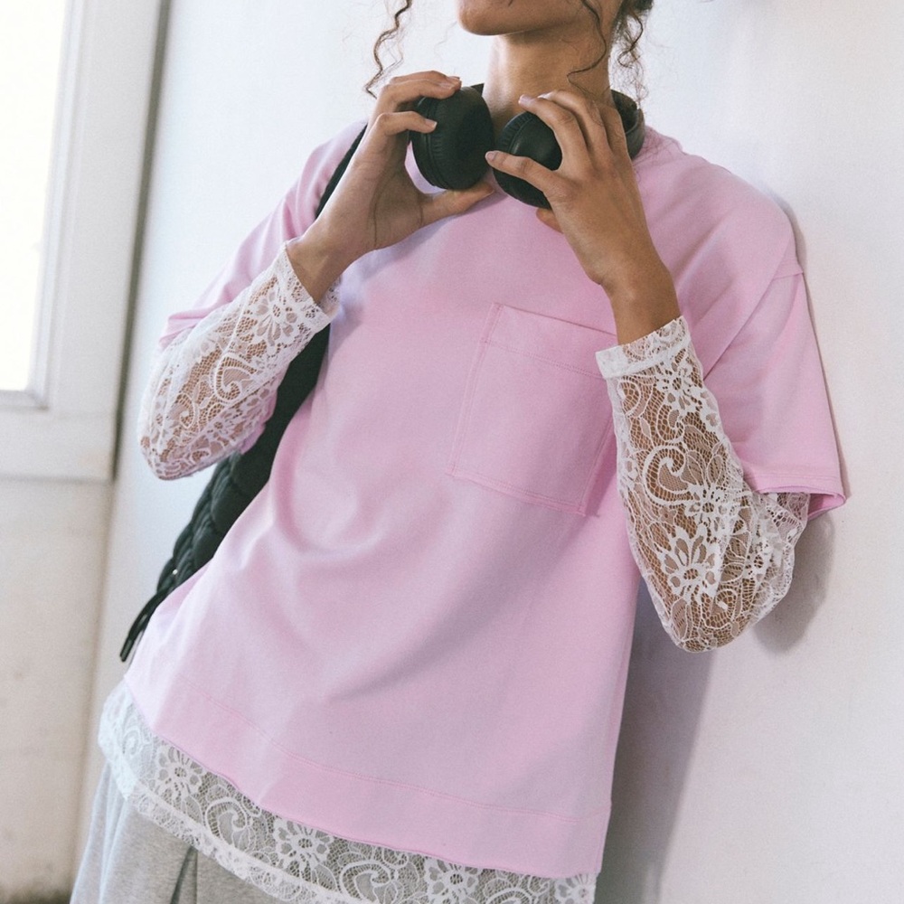 Free People Pink Lace Long Sleeve Tee